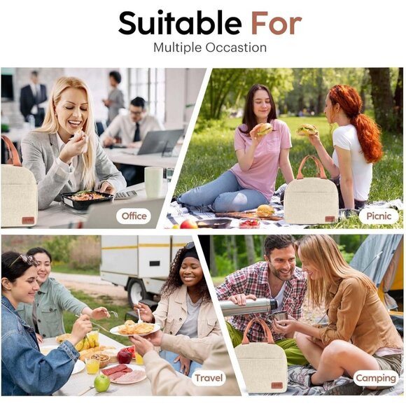 Large Insulated Lunch Bag for Women & Men, Leakproof Reusable Tote (Beige) - Picture 7 of 7